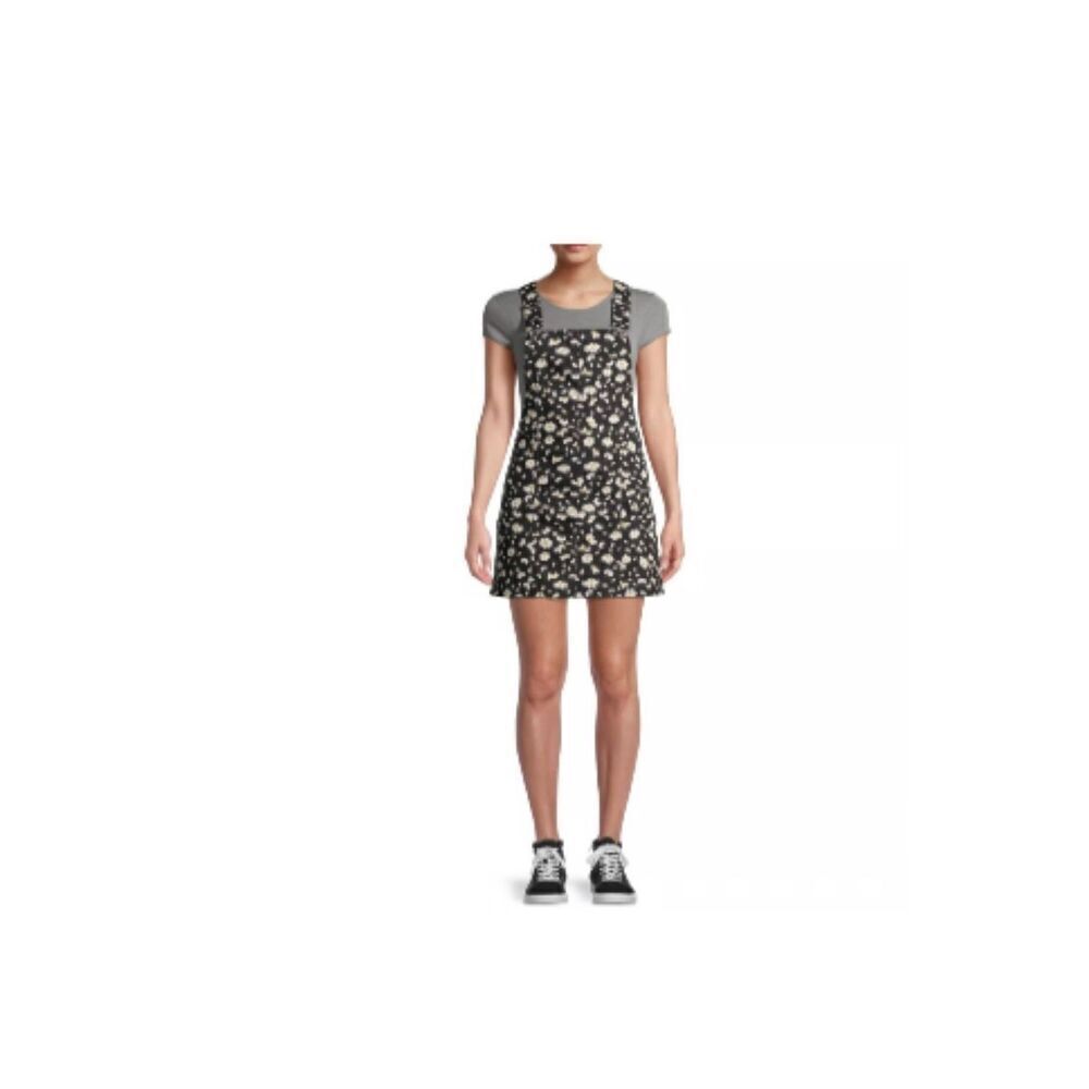 No Boundaries Daisy Print Overall Dress Junior Size L 11-13 Black White